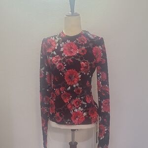 AFRM Black Long-Sleeve Crewneck with Red Floral Print Accents